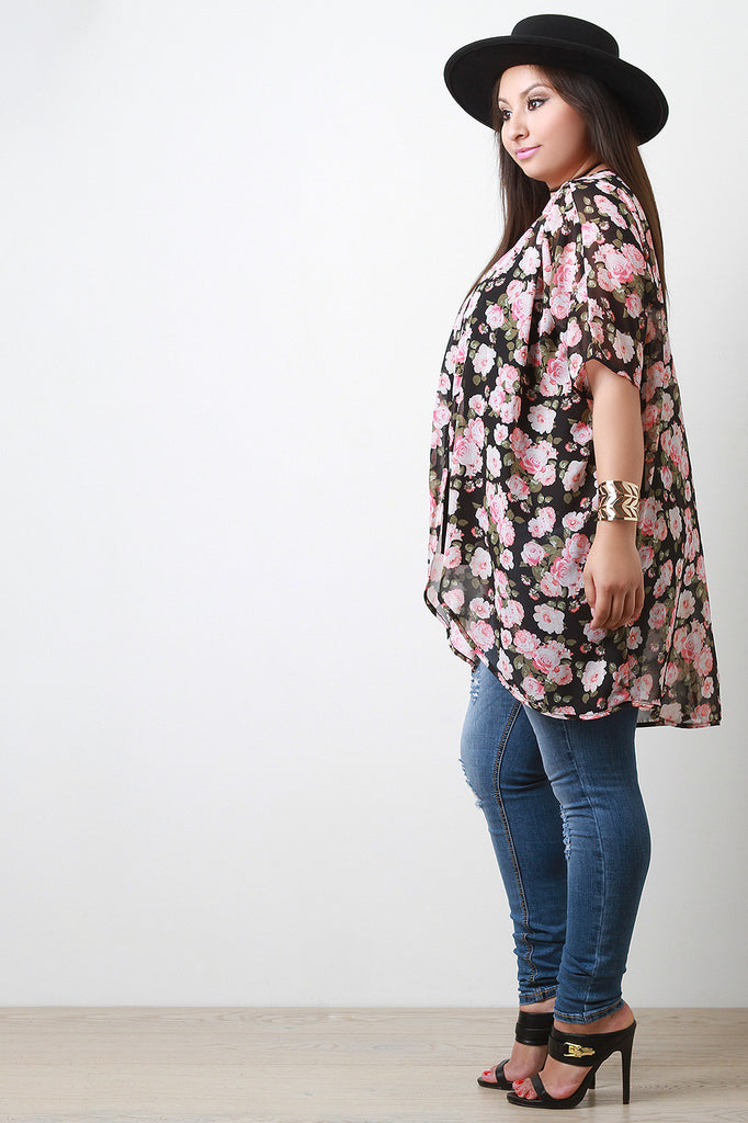 Long Rose Print Chiffon Kimono