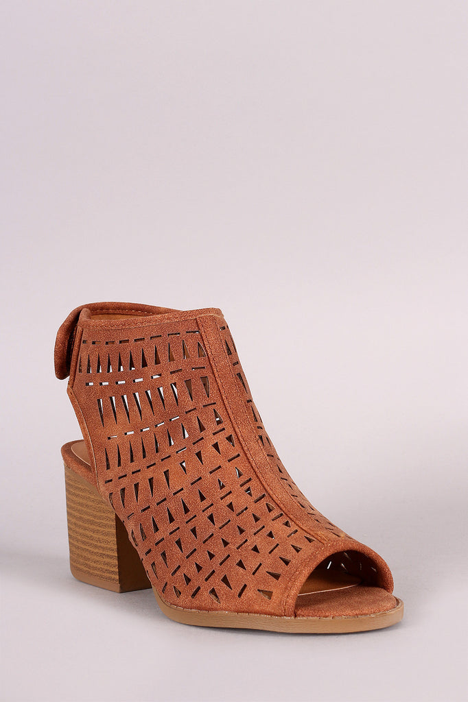 Qupid Perforated Peep Toe Block Heel Bootie