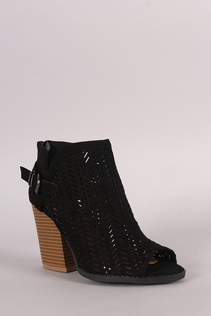 Qupid Perforated Suede Buckled Chunky Heeled Booties