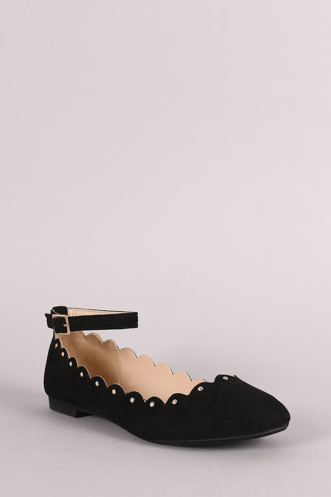 Qupid Suede Scalloped Studded Ankle Strap Ballet Flat