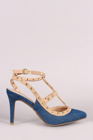 Bamboo Pointy Toe Studded Cage Pump