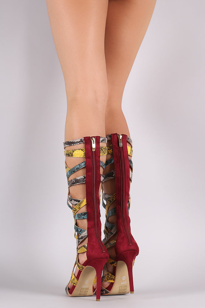 Colorful Python Strappy Lace-Up Gladiator Heel