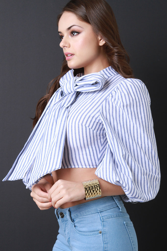 Stripe Oversized Bow Tie Collar Puff Sleeves Cropped Top
