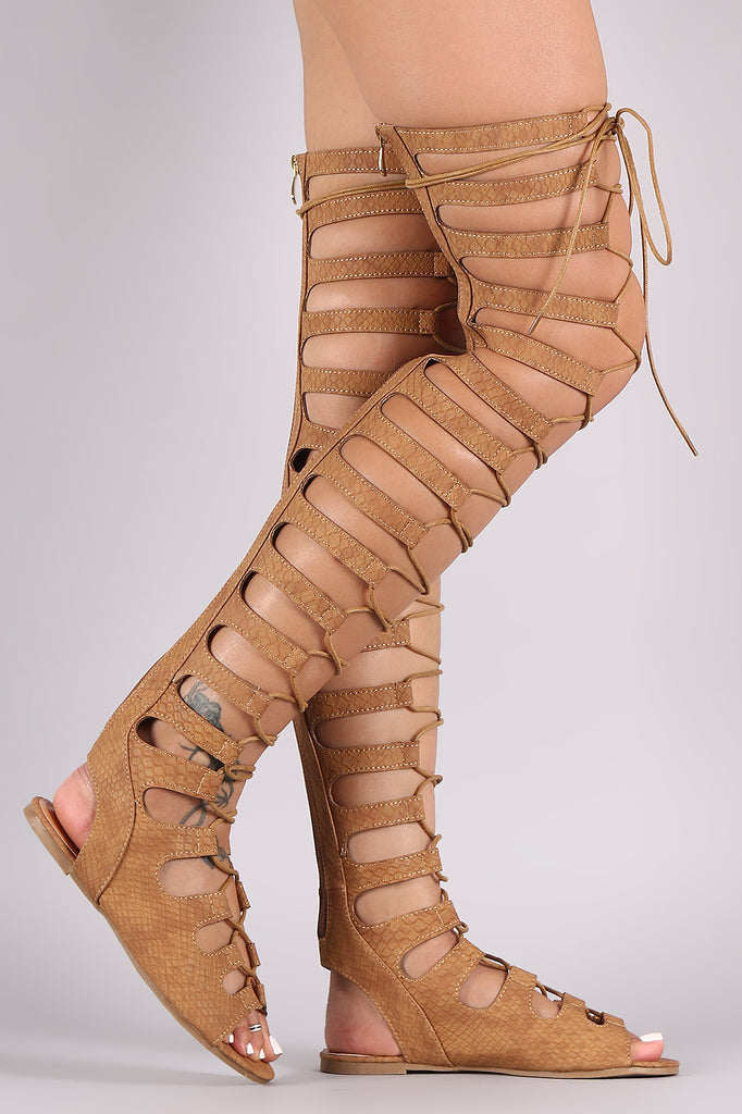Strappy Snake Lace-Up Thigh High Gladiator Flat Sandal
