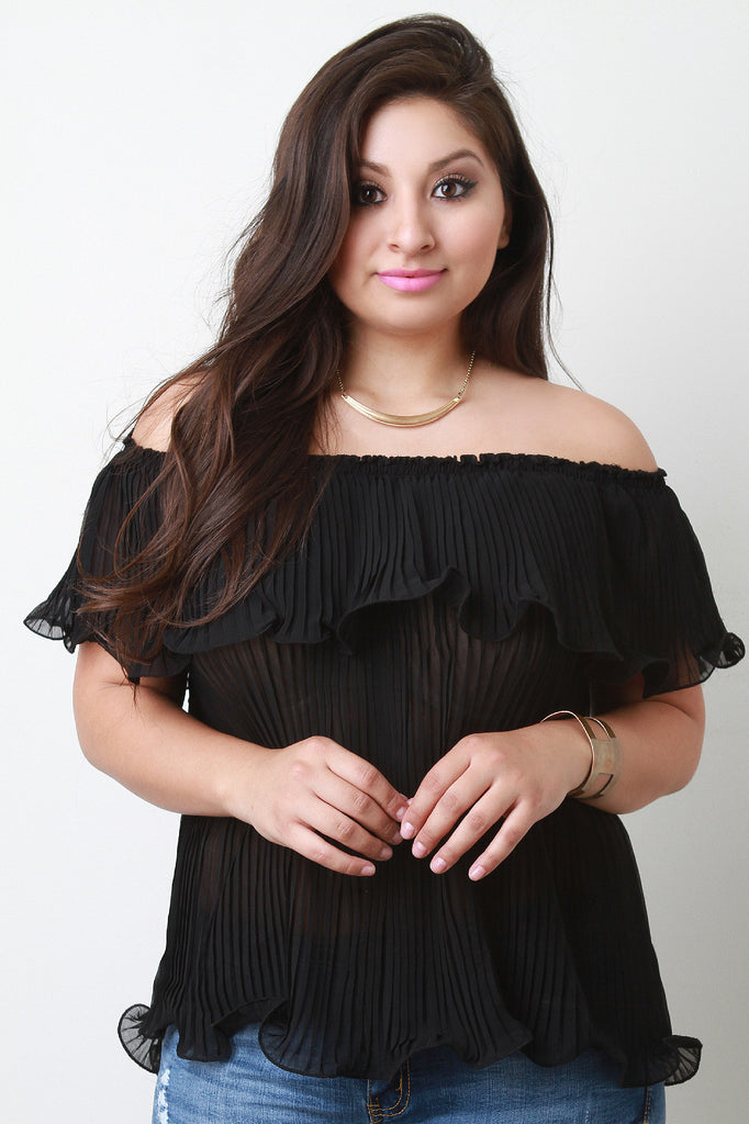 Chiffon Off The Shoulder Pleated Ruffle Blouse