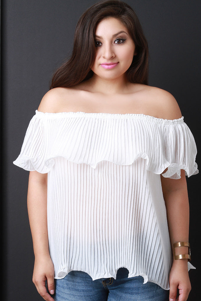 Chiffon Off The Shoulder Pleated Ruffle Blouse