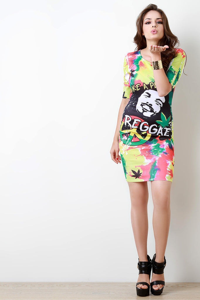 Reggae-Inpired Elbow Sleeve Bodycon Dress