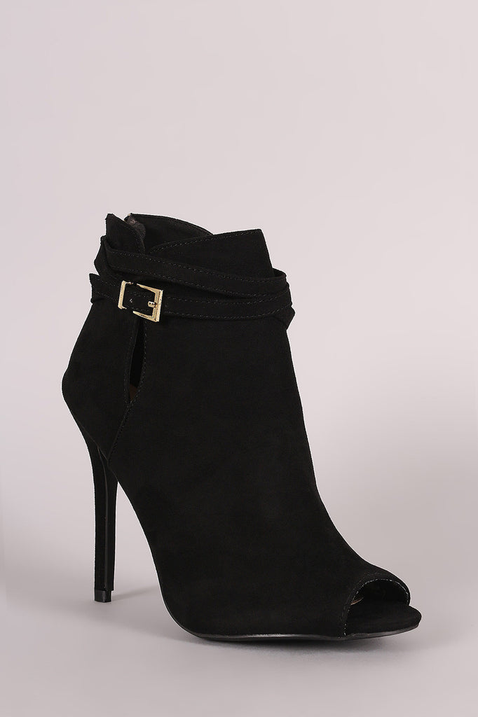 Qupid Suede Strappy Buckled Peep Toe Stiletto Booties
