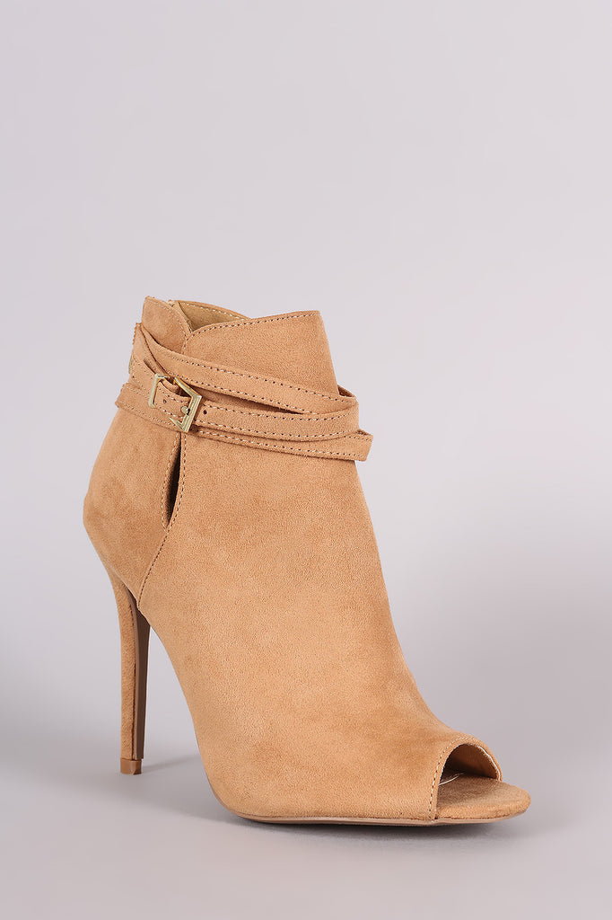 Qupid Suede Strappy Buckled Peep Toe Stiletto Booties