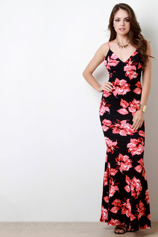 Textured Knit Floral Print Mermaid Maxi Dress