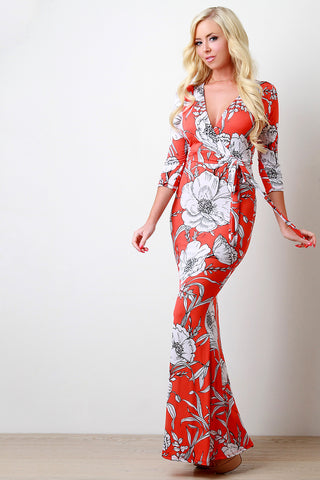 Floral and Leaves Surplice Maxi Dress