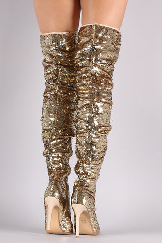 Sequin Slouchy Peep Toe Stiletto Over-The-Knee Boots