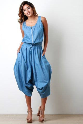 Chambray Zip-Up Baggy Jumpsuit