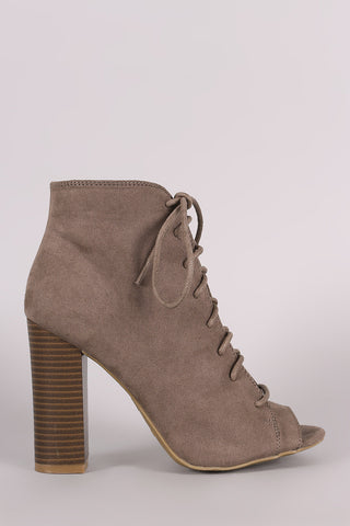 Bamboo Suede Peep Toe Lace-Up Chunky Heeled Booties