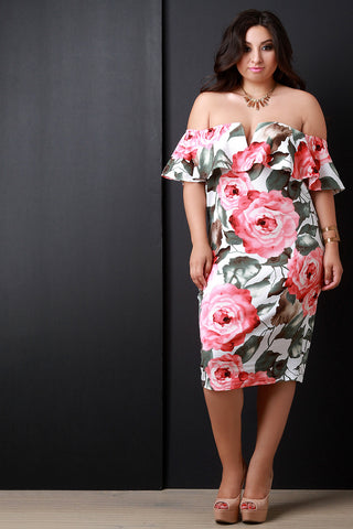 Rosette Off The Shoulder Ruffle V-Wire Inset Dress