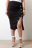 Button Accent Gathered Front Slit Pencil Skirt