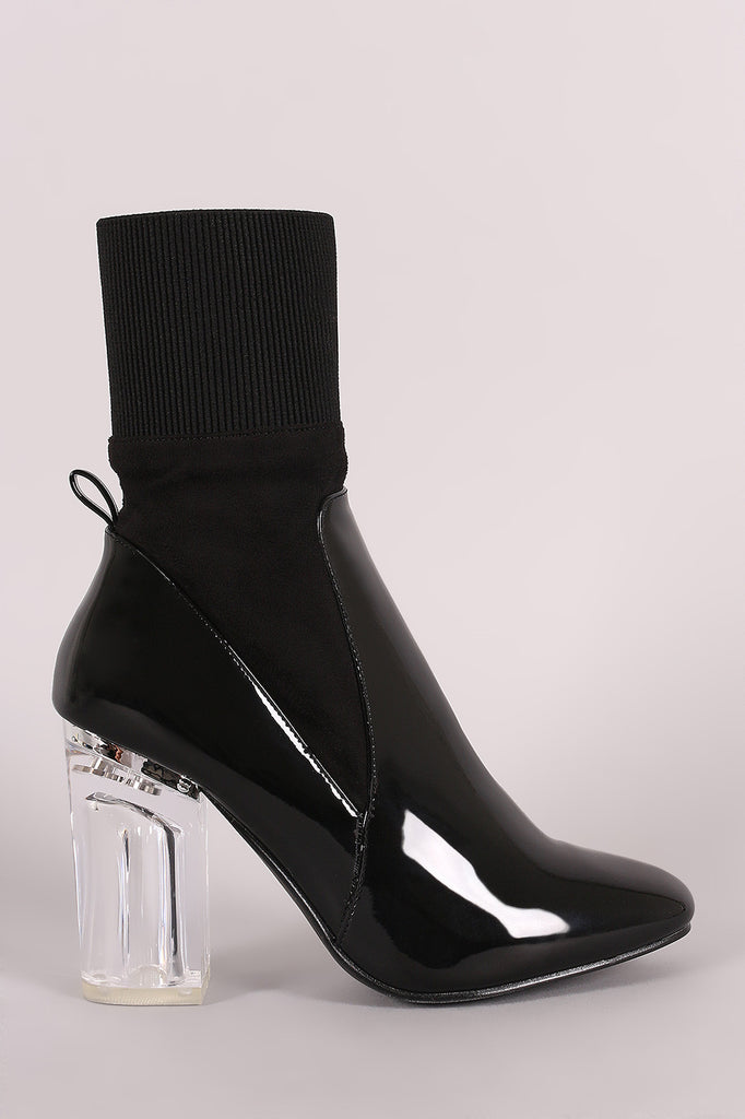 Elasticized Cuff Chunky Lucite Heeled Ankle Boots