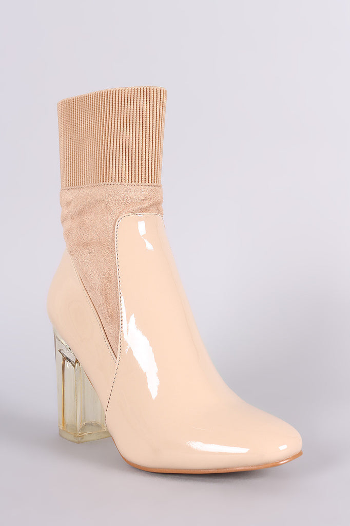 Elasticized Cuff Chunky Lucite Heeled Ankle Boots