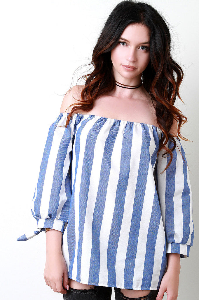 Stripes Off The Shoulder Bow Cuffed Sleeves Top