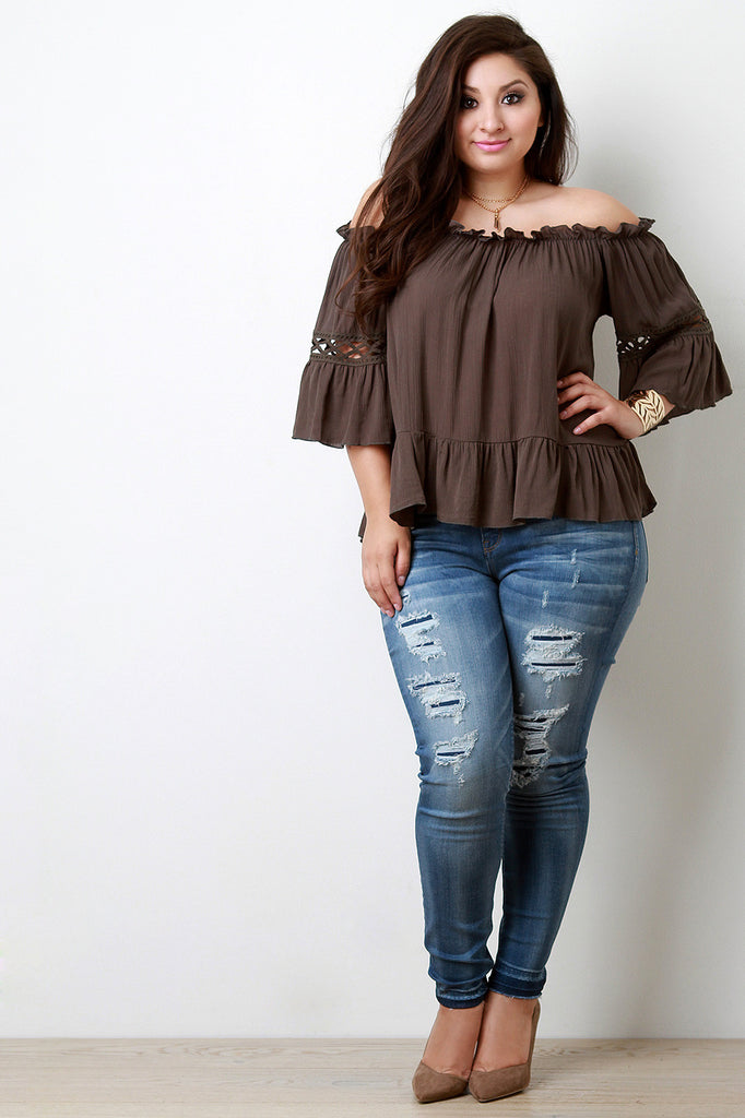 Off The Shoulder Crochet Inset Bell Sleeves Ruffled Top