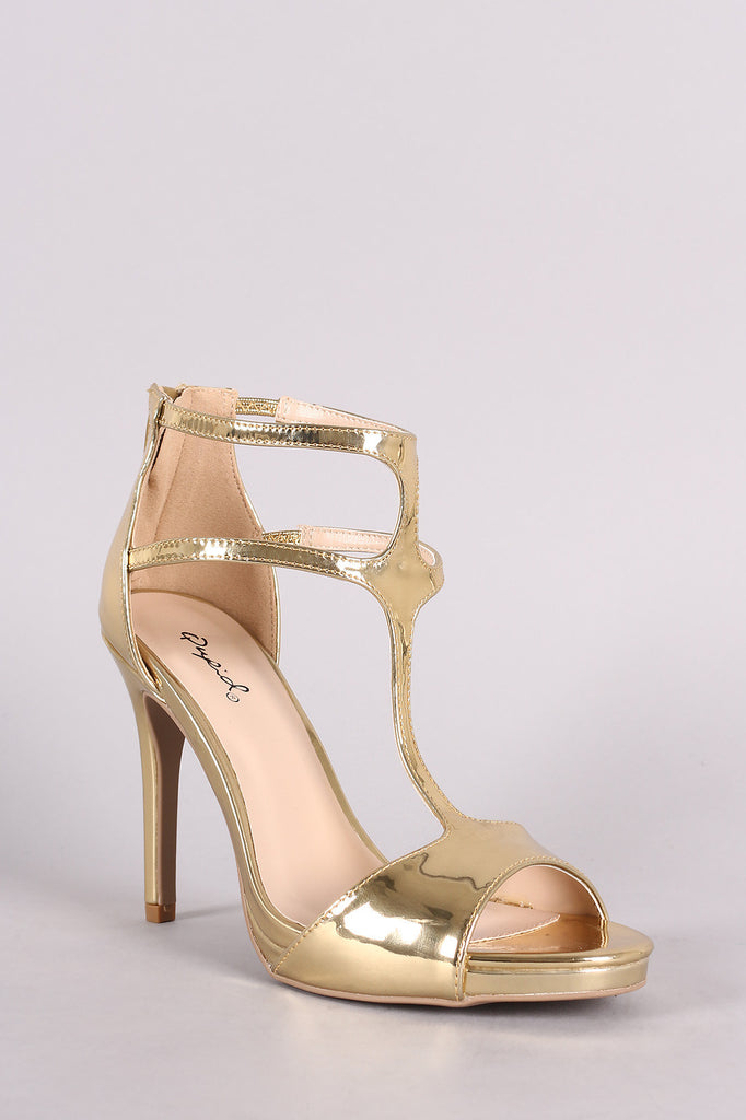 Qupid Mirror Metallic T-Strap Evening Dress Heel