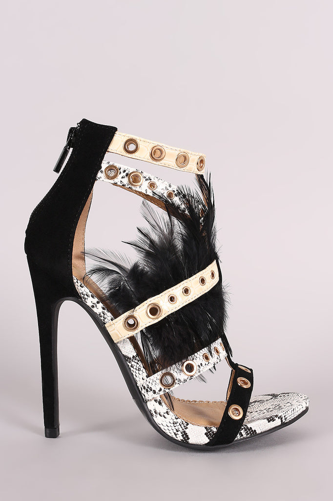 Strappy Grommets And Feather Embellished Stiletto Heel