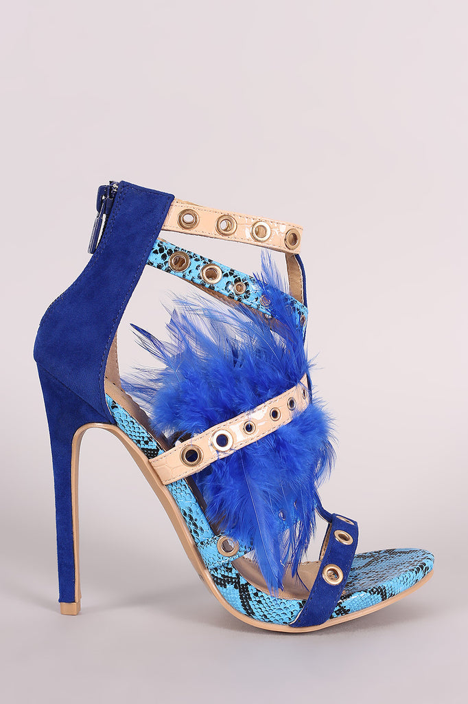 Strappy Grommets And Feather Embellished Stiletto Heel