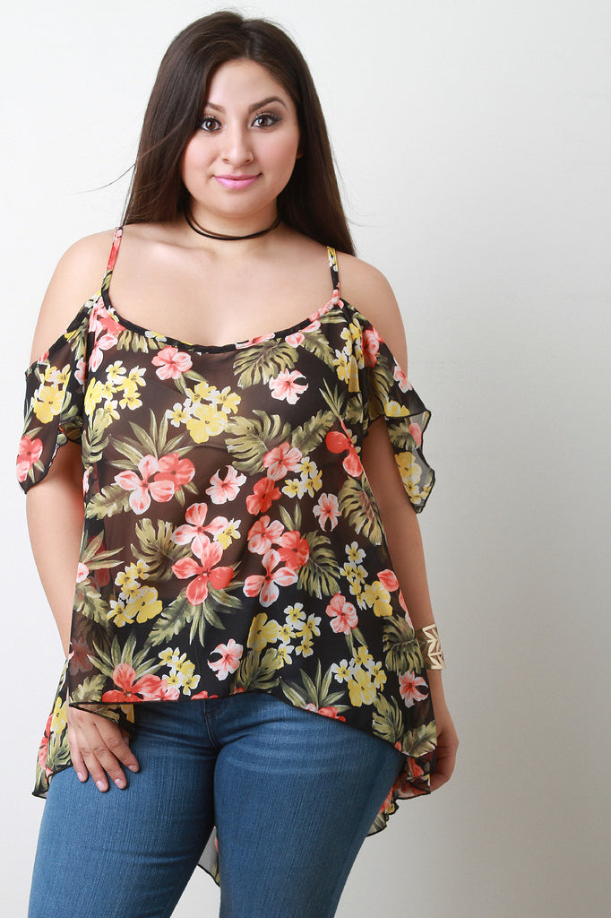 Semi-Sheer Tropical Cold Shoulders Top