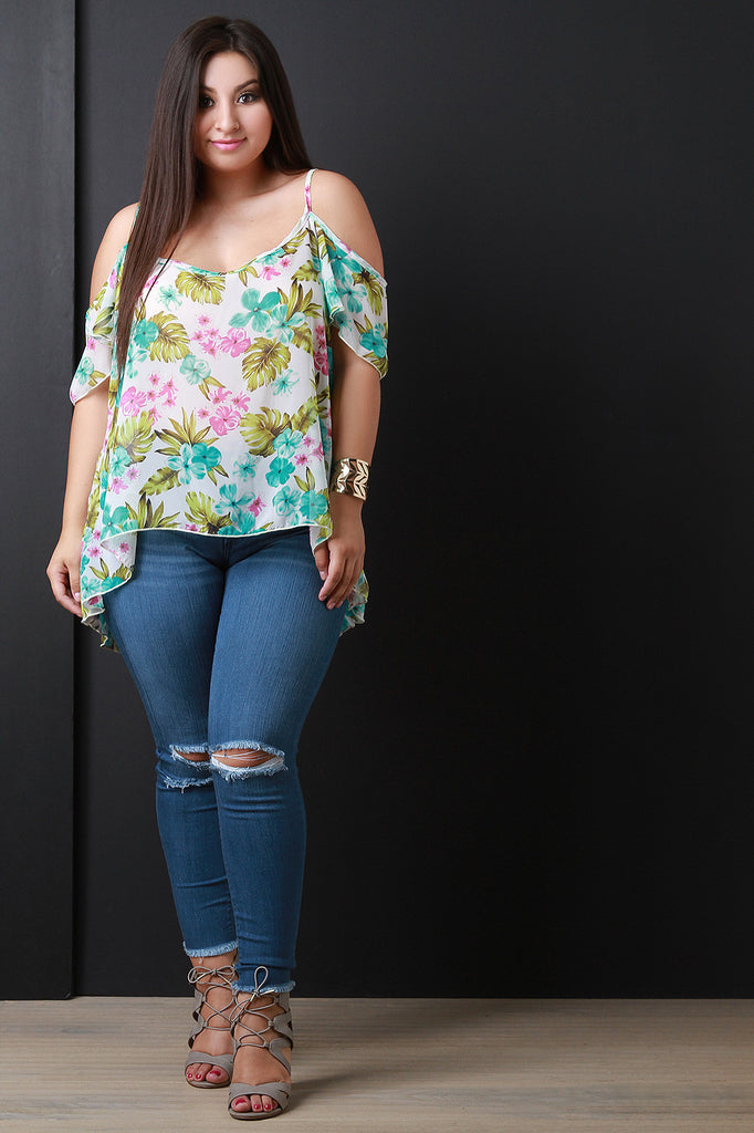 Semi-Sheer Tropical Cold Shoulders Top