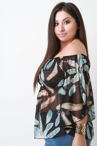 Off The Shoulder Feather Print Chiffon Top