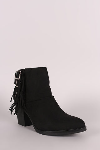 Bamboo Suede Buckled Side Fringe Chunky Heeled Booties