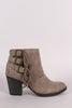 Bamboo Suede Buckled Side Fringe Chunky Heeled Booties