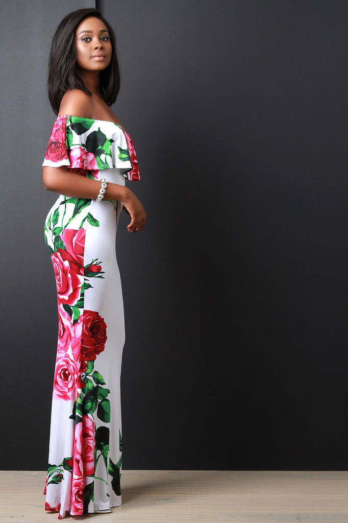 Rosette Printed Off The Shoulder Ruffle Maxi Dress