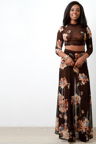 Floral Print Semi-Sheer Mesh Maxi Skirt