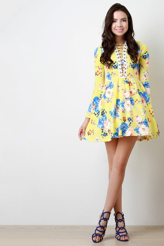 Plunging V Laced Floral Print Longsleeve Dress