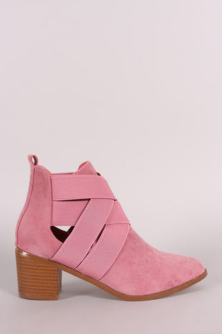 Suede Elasticized Woven Pointy Toe Block Heeled Booties