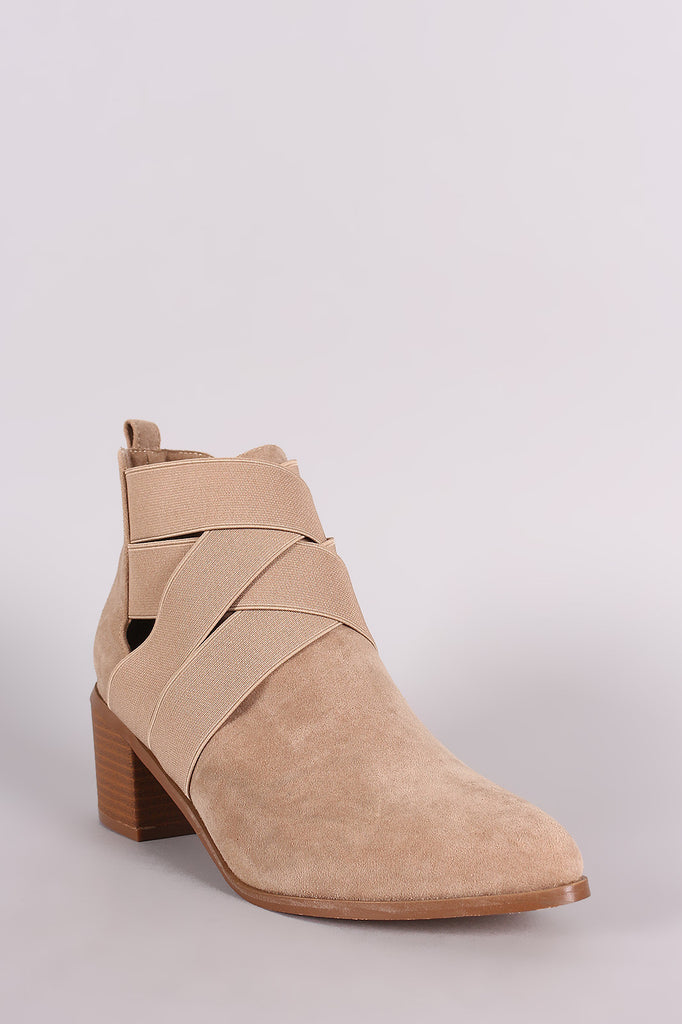 Suede Elasticized Woven Pointy Toe Block Heeled Booties