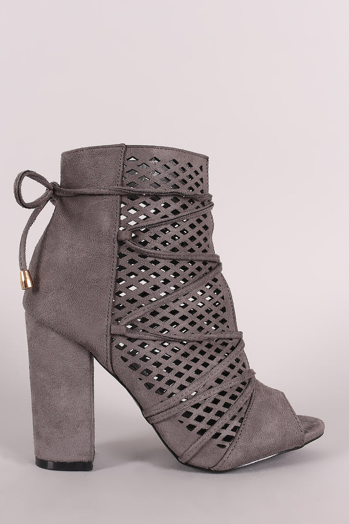 Perforated Suede Lace-Up Chunky Heeled Ankle Boots