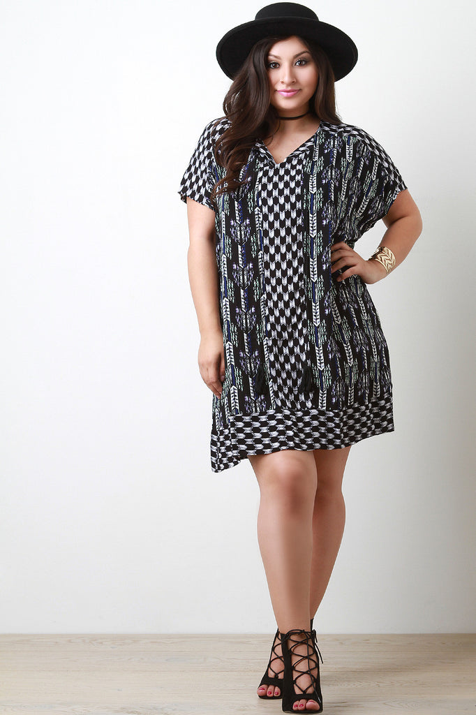 Mixed Pattern Tassel Drawstring Shift Dress