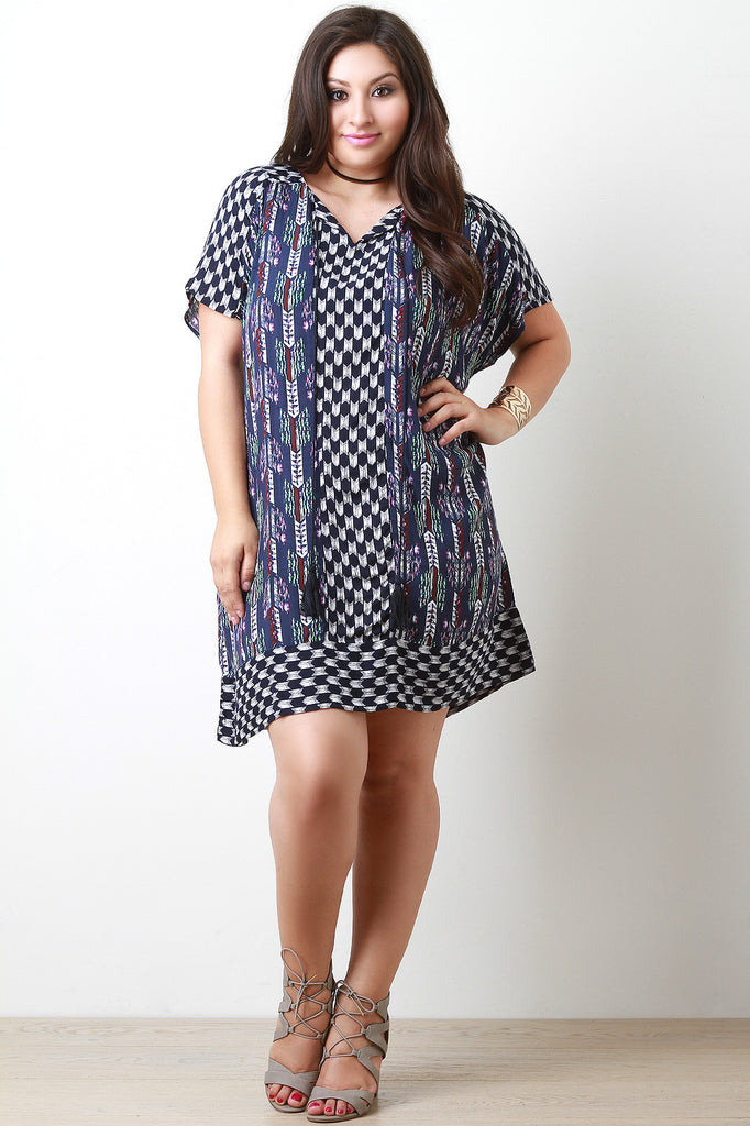 Mixed Pattern Tassel Drawstring Shift Dress