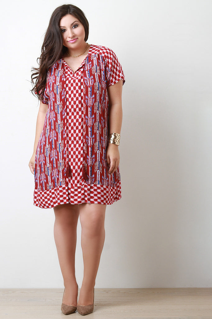 Mixed Pattern Tassel Drawstring Shift Dress