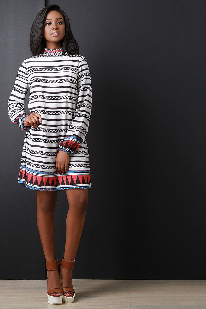 Printed Stripe Mock Neck Mini Dress