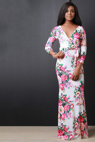 Floral Print Surplice Maxi Dress