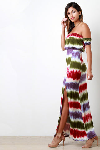 Striped Tie Dye Off The Shoulder Band Sleeves Dress