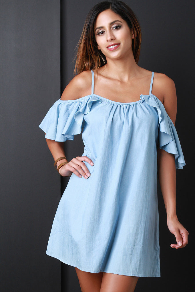 Open Shoulder Ruffle Sleeve Shift Dress