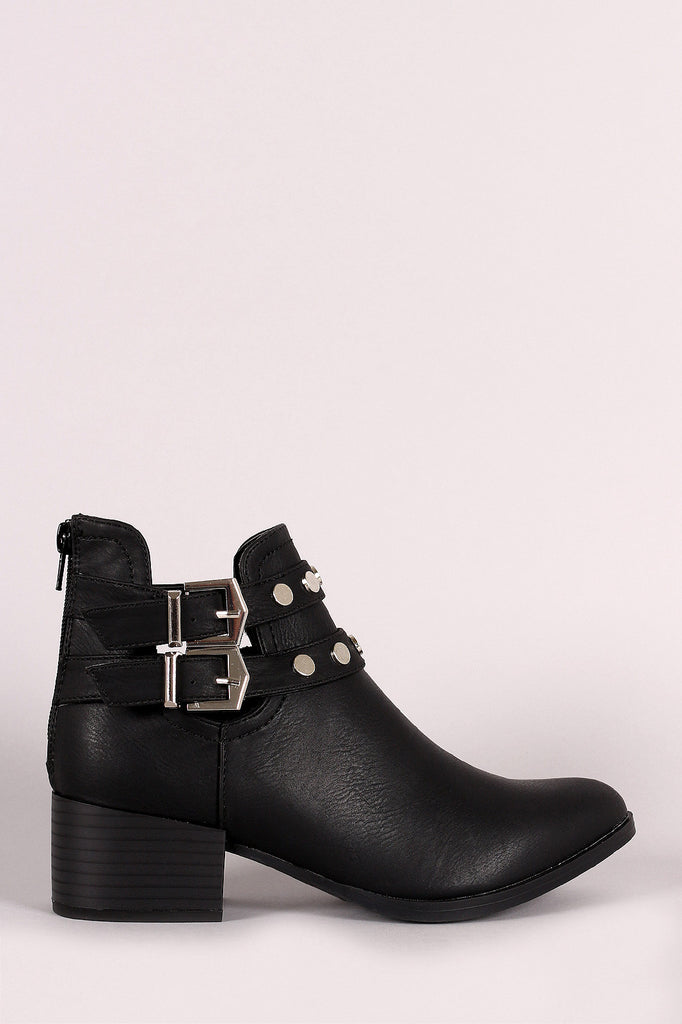 Qupid Almond Toe Studded Double Buckle Booties