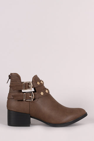 Qupid Almond Toe Studded Double Buckle Booties