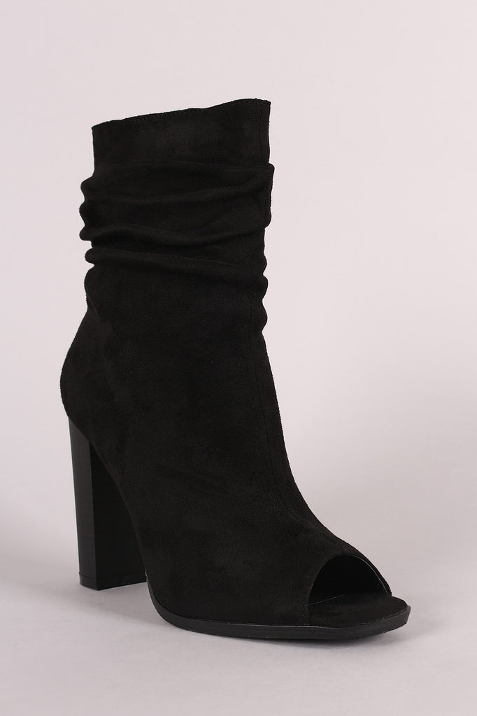 Suede Slouchy Peep Toe Chunky Heeled Ankle Boots