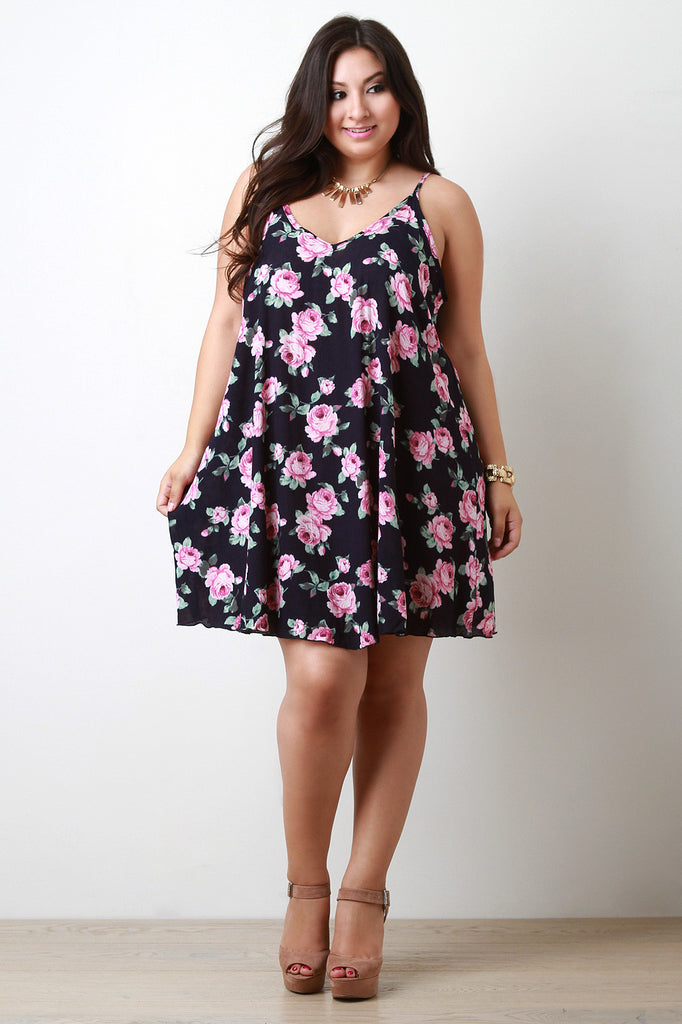 Rose Printed Spaghetti Strap Summer Dress