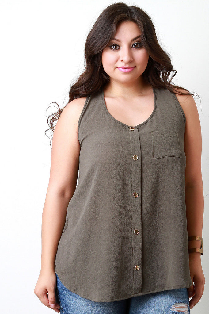 Textured Woven Button Detail Pocket Tunic Top